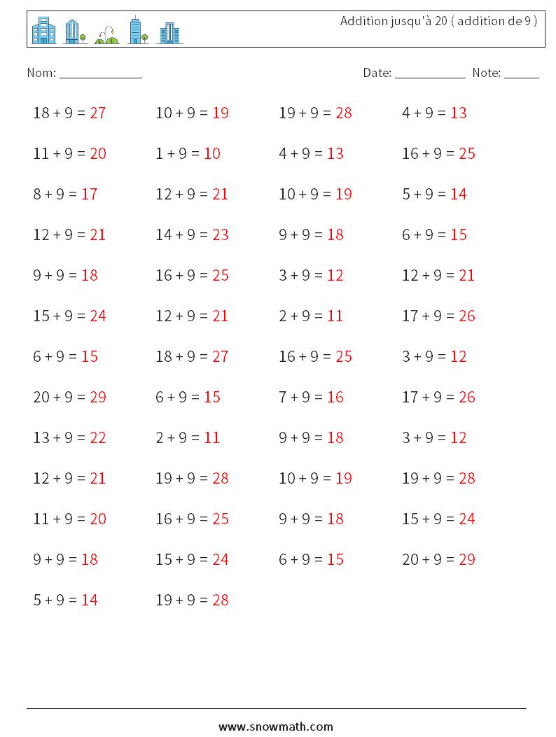 (50) Addition jusqu'à 20 ( addition de 9 ) Fiches d'Exercices de Mathématiques 5 Question, Réponse