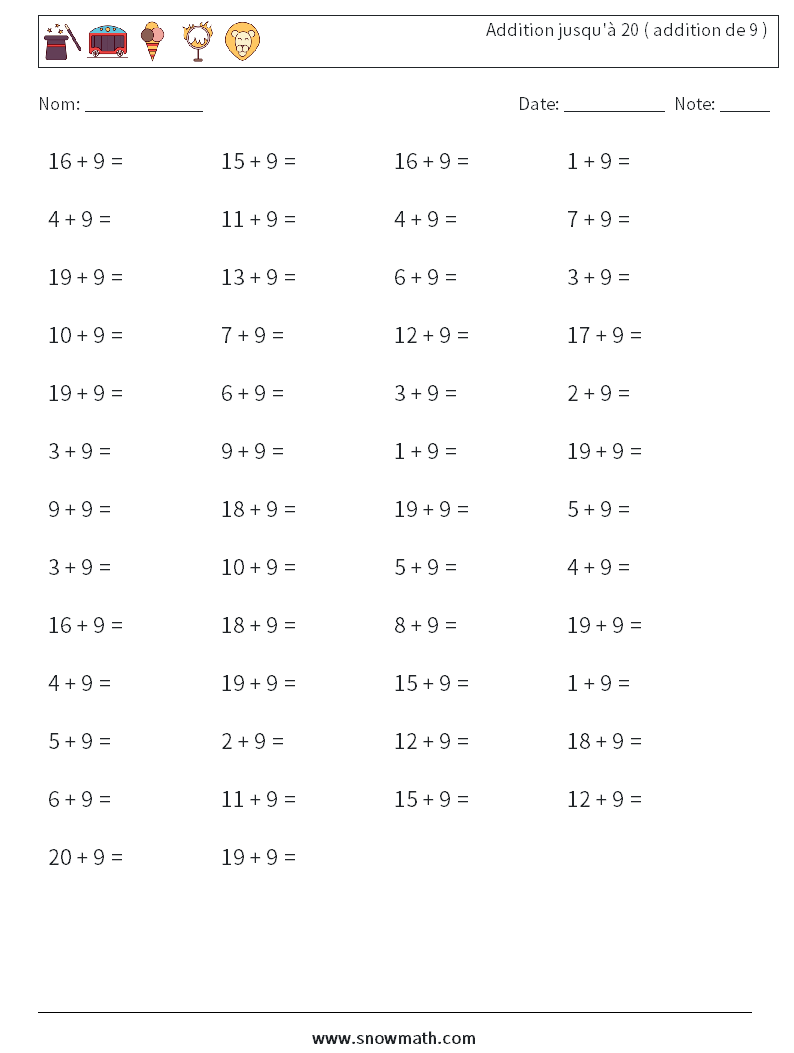 (50) Addition jusqu'à 20 ( addition de 9 ) Fiches d'Exercices de Mathématiques 7
