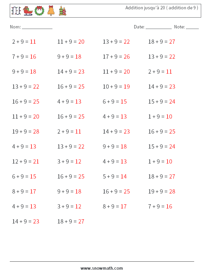(50) Addition jusqu'à 20 ( addition de 9 ) Fiches d'Exercices de Mathématiques 9 Question, Réponse