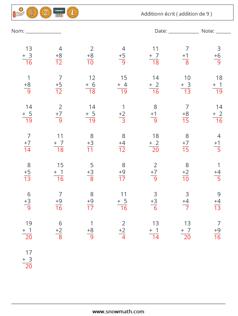 (50) Additionn écrit ( addition de 9 ) Fiches d'Exercices de Mathématiques 10 Question, Réponse