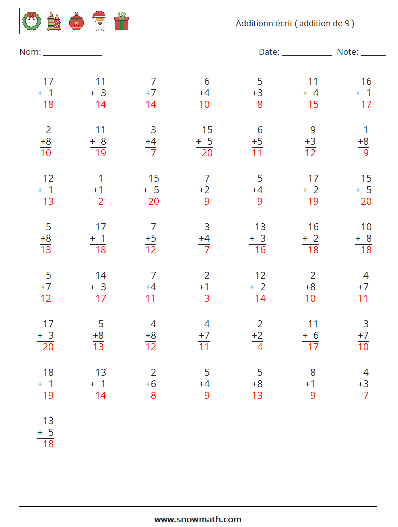 (50) Additionn écrit ( addition de 9 ) Fiches d'Exercices de Mathématiques 11 Question, Réponse