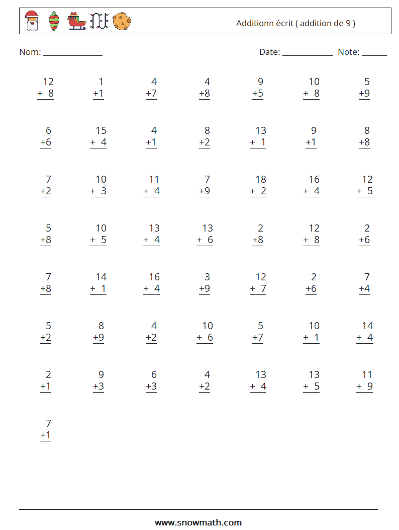 (50) Additionn écrit ( addition de 9 ) Fiches d'Exercices de Mathématiques 12