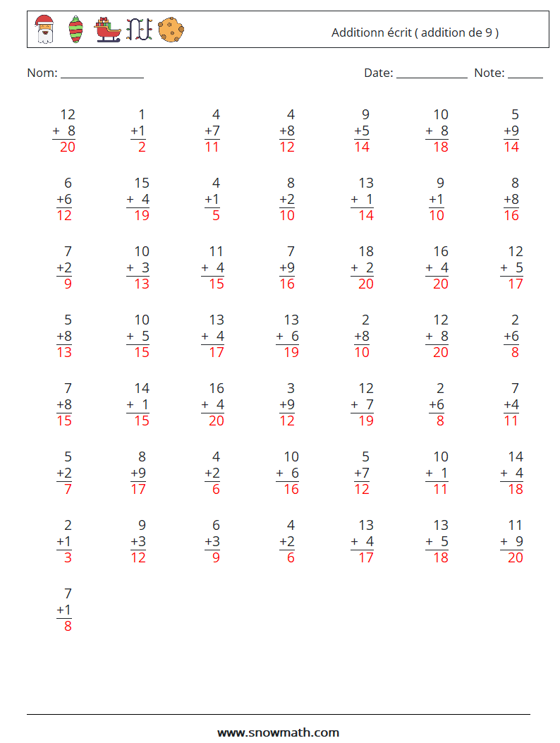 (50) Additionn écrit ( addition de 9 ) Fiches d'Exercices de Mathématiques 12 Question, Réponse