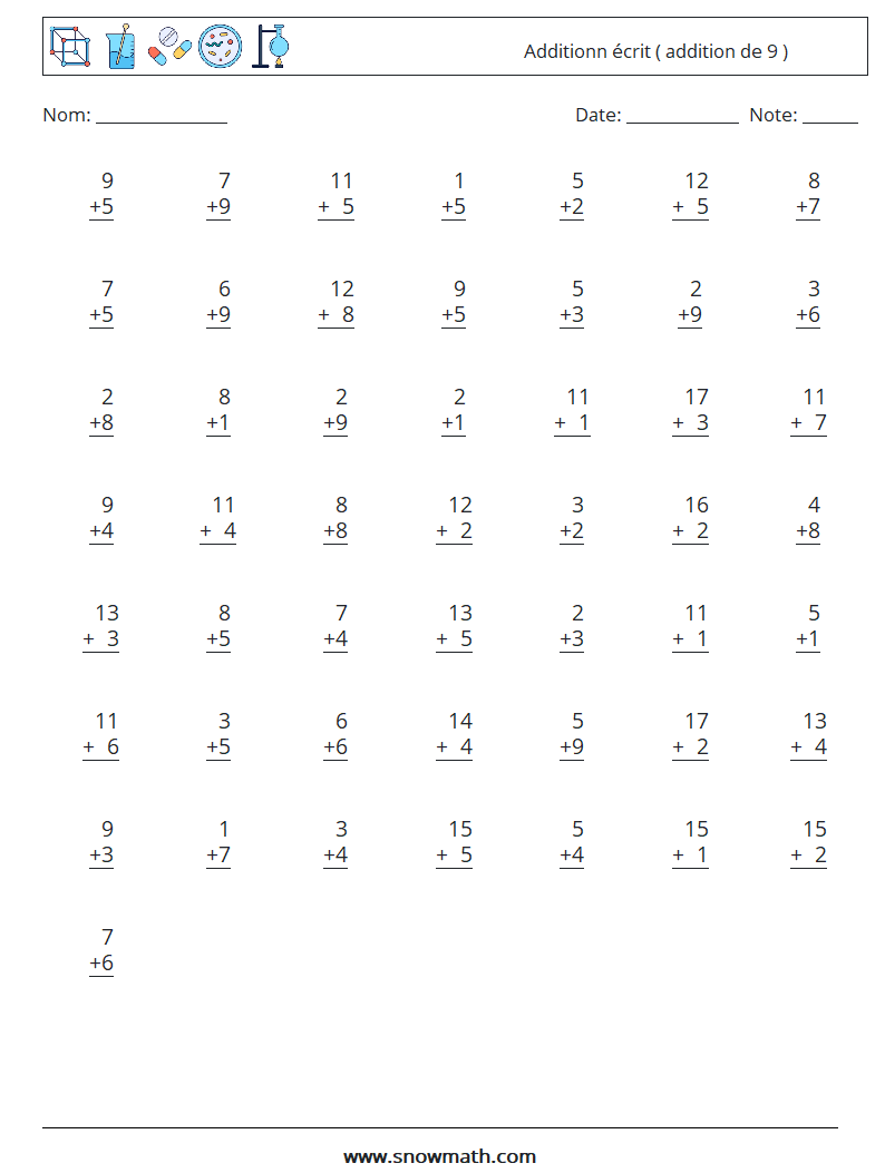 (50) Additionn écrit ( addition de 9 ) Fiches d'Exercices de Mathématiques 13