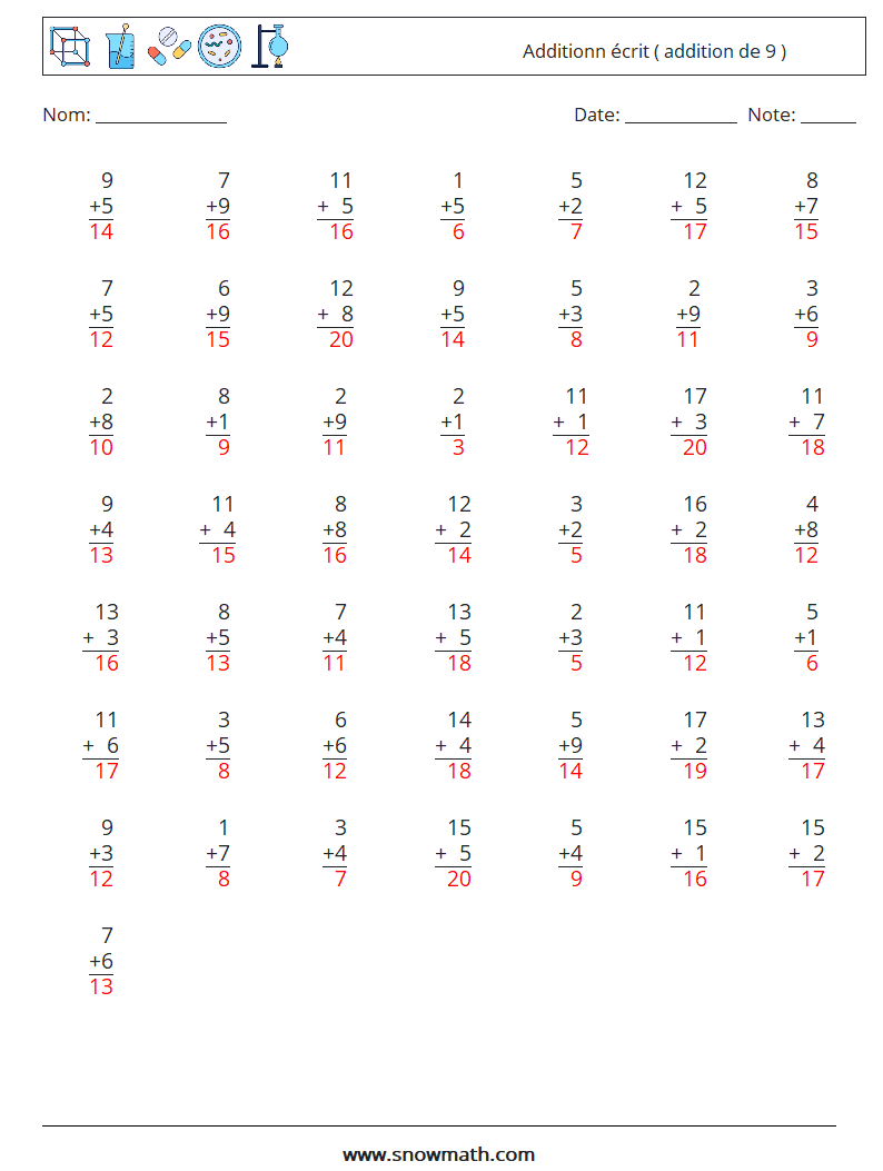 (50) Additionn écrit ( addition de 9 ) Fiches d'Exercices de Mathématiques 13 Question, Réponse