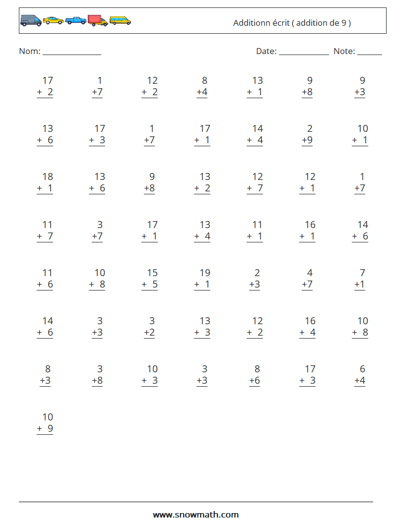 (50) Additionn écrit ( addition de 9 ) Fiches d'Exercices de Mathématiques 14