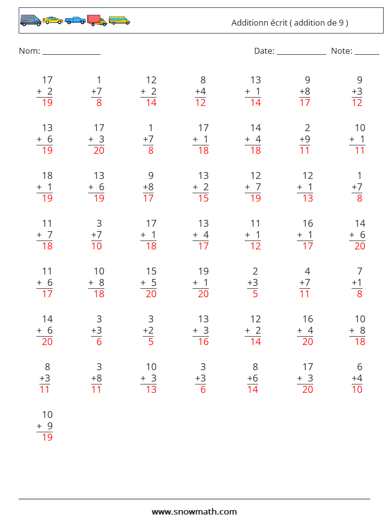 (50) Additionn écrit ( addition de 9 ) Fiches d'Exercices de Mathématiques 14 Question, Réponse