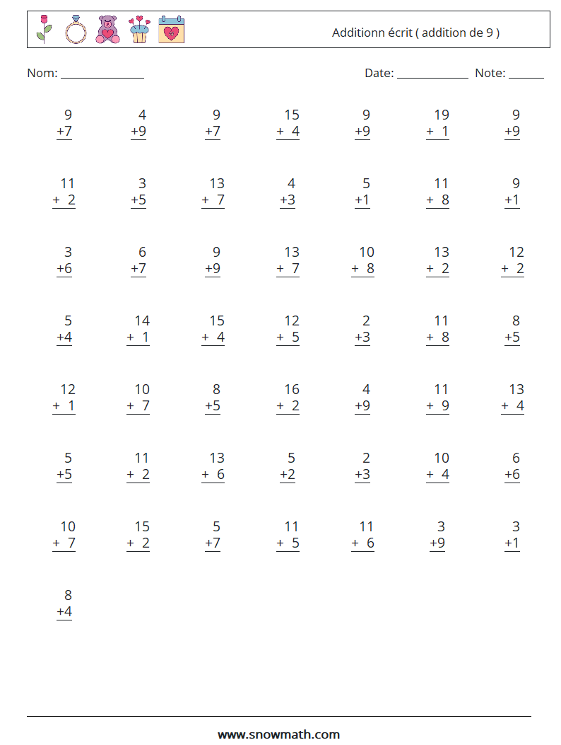 (50) Additionn écrit ( addition de 9 ) Fiches d'Exercices de Mathématiques 15