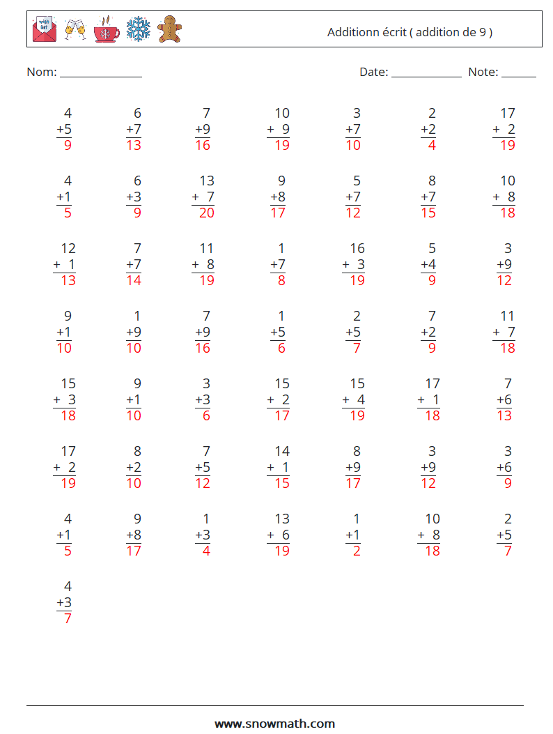 (50) Additionn écrit ( addition de 9 ) Fiches d'Exercices de Mathématiques 16 Question, Réponse