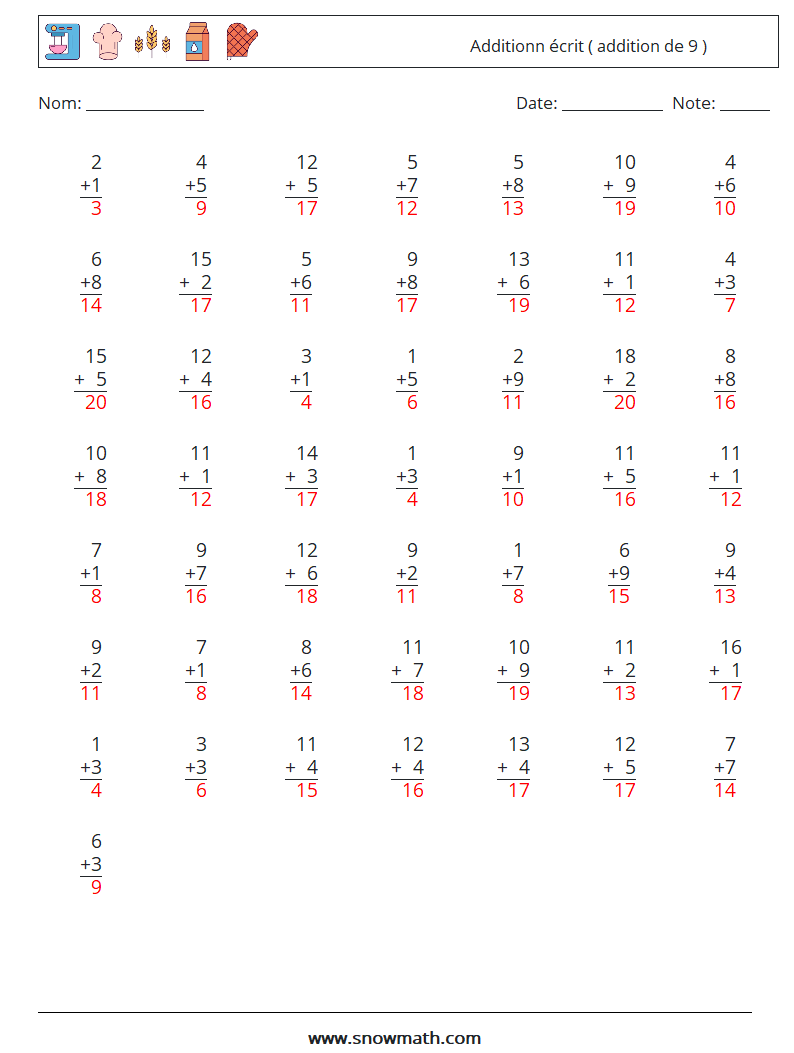 (50) Additionn écrit ( addition de 9 ) Fiches d'Exercices de Mathématiques 18 Question, Réponse