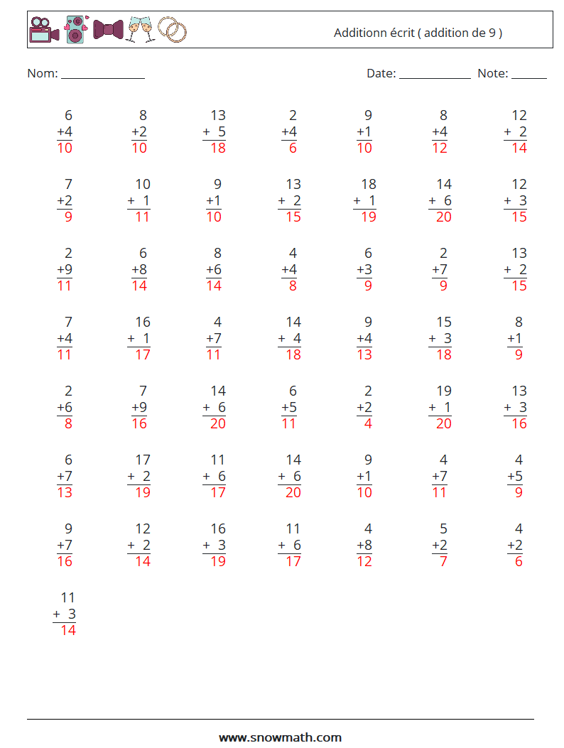 (50) Additionn écrit ( addition de 9 ) Fiches d'Exercices de Mathématiques 1 Question, Réponse