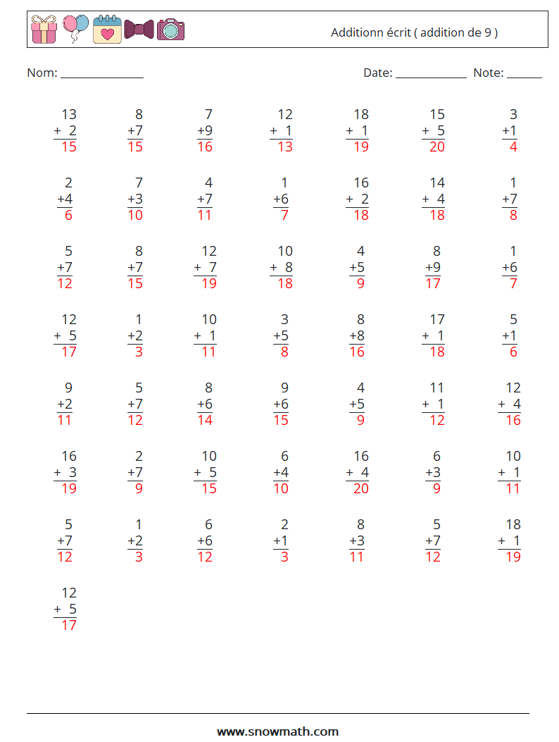 (50) Additionn écrit ( addition de 9 ) Fiches d'Exercices de Mathématiques 3 Question, Réponse