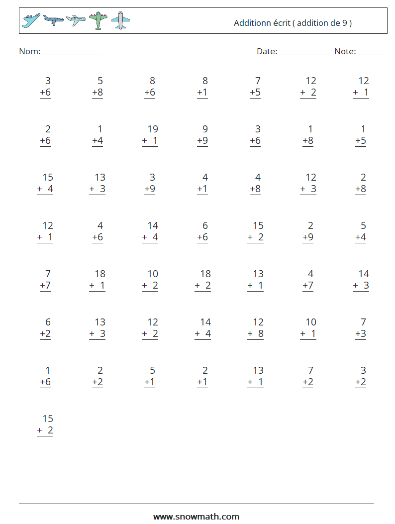 (50) Additionn écrit ( addition de 9 ) Fiches d'Exercices de Mathématiques 4