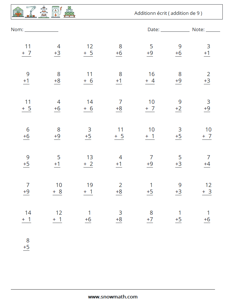 (50) Additionn écrit ( addition de 9 ) Fiches d'Exercices de Mathématiques 6