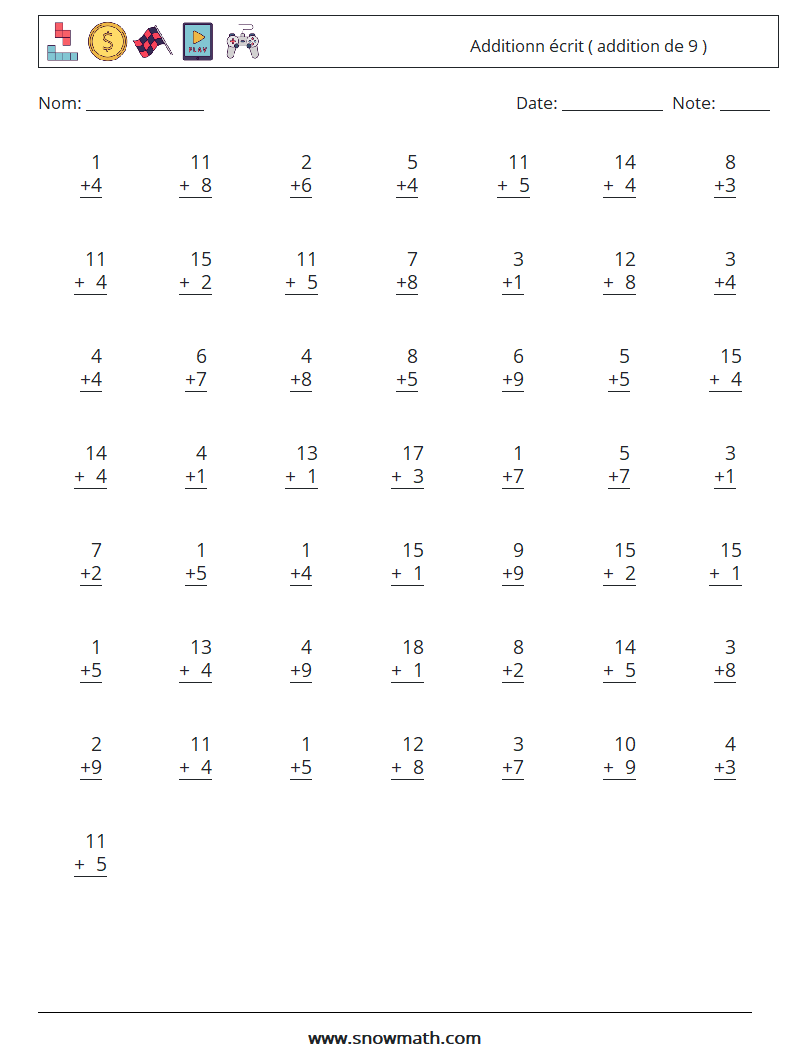 (50) Additionn écrit ( addition de 9 ) Fiches d'Exercices de Mathématiques 7