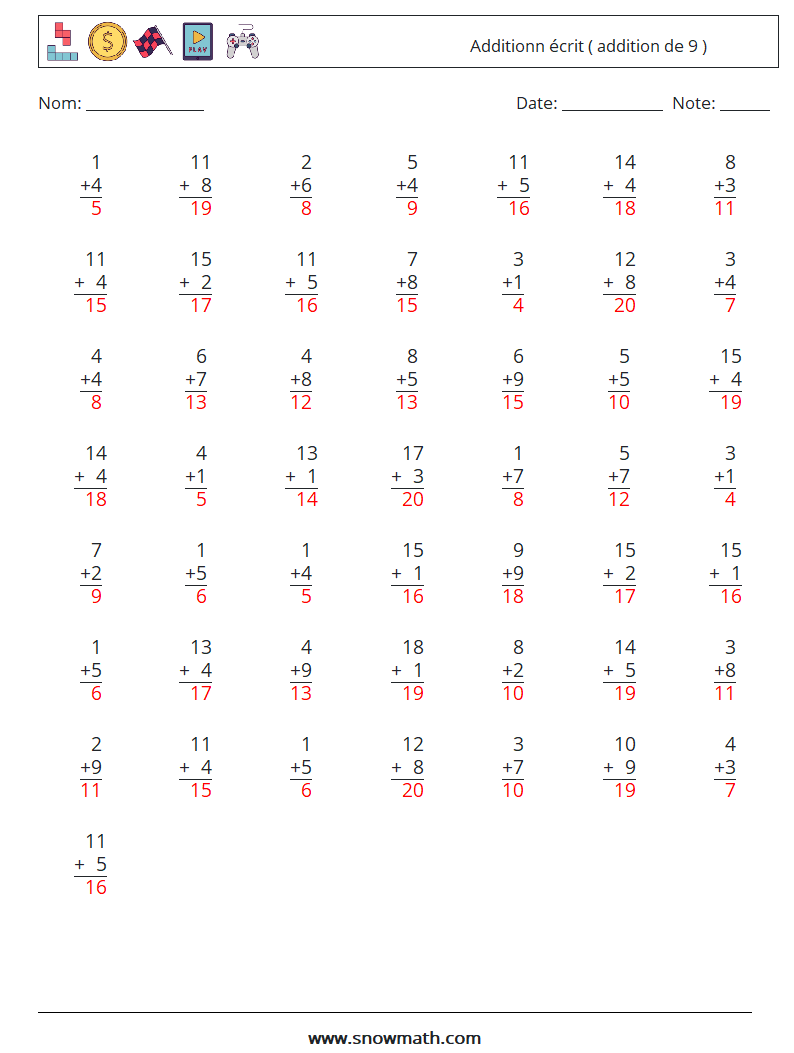 (50) Additionn écrit ( addition de 9 ) Fiches d'Exercices de Mathématiques 7 Question, Réponse