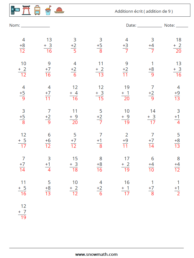 (50) Additionn écrit ( addition de 9 ) Fiches d'Exercices de Mathématiques 8 Question, Réponse