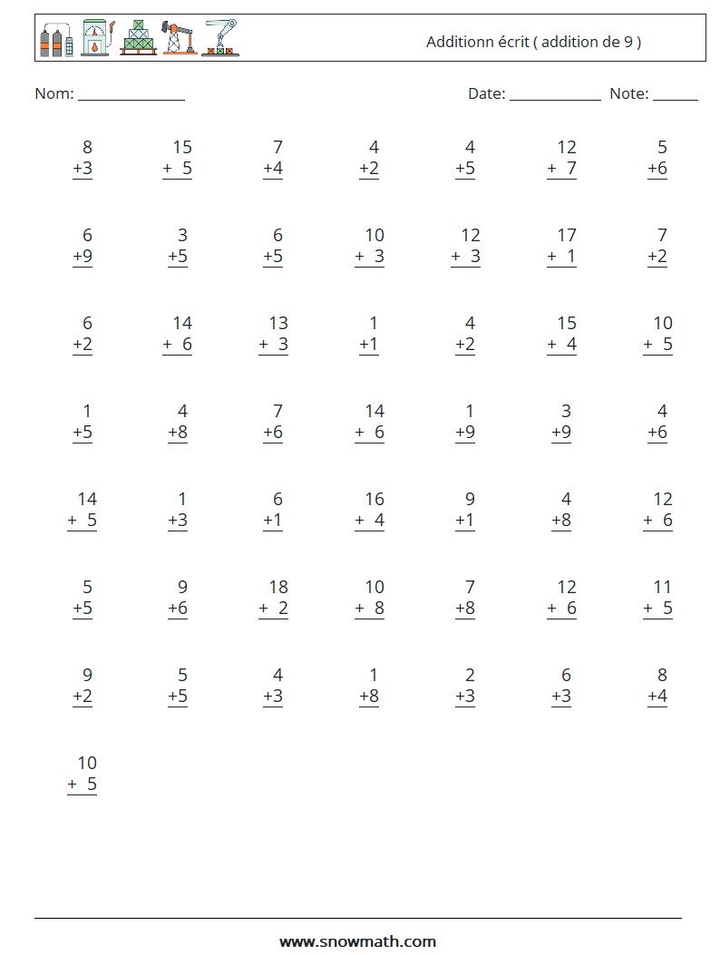 (50) Additionn écrit ( addition de 9 ) Fiches d'Exercices de Mathématiques 9