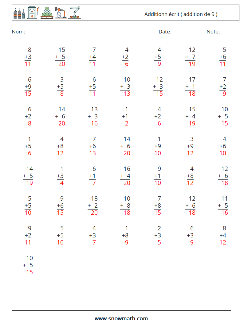 (50) Additionn écrit ( addition de 9 ) Fiches d'Exercices de Mathématiques 9 Question, Réponse