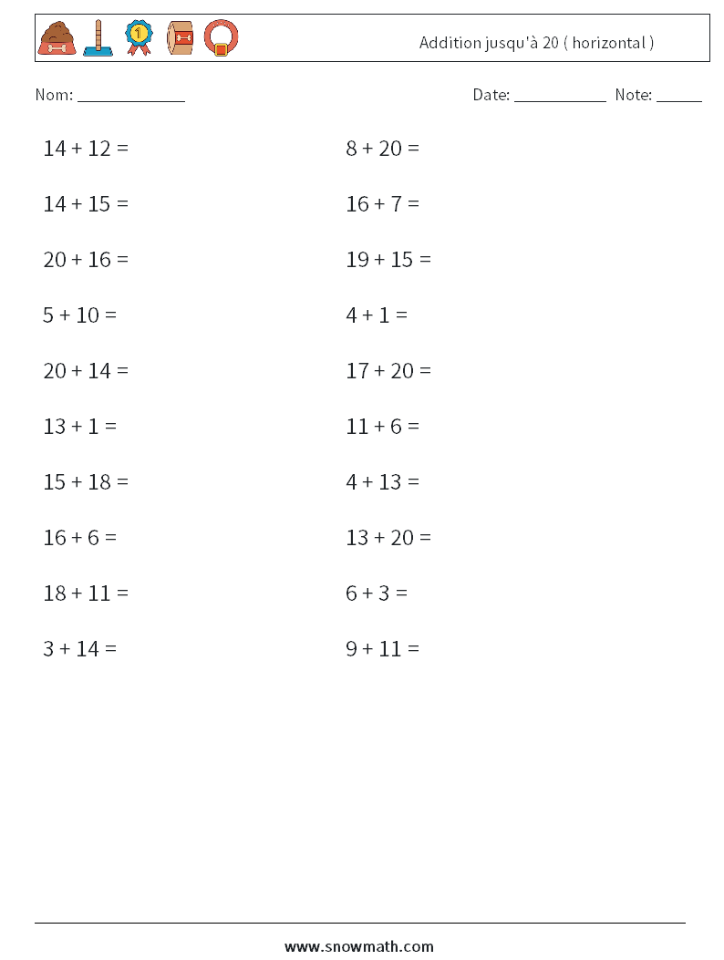 (20) Addition jusqu'à 20 ( horizontal ) Fiches d'Exercices de Mathématiques 1