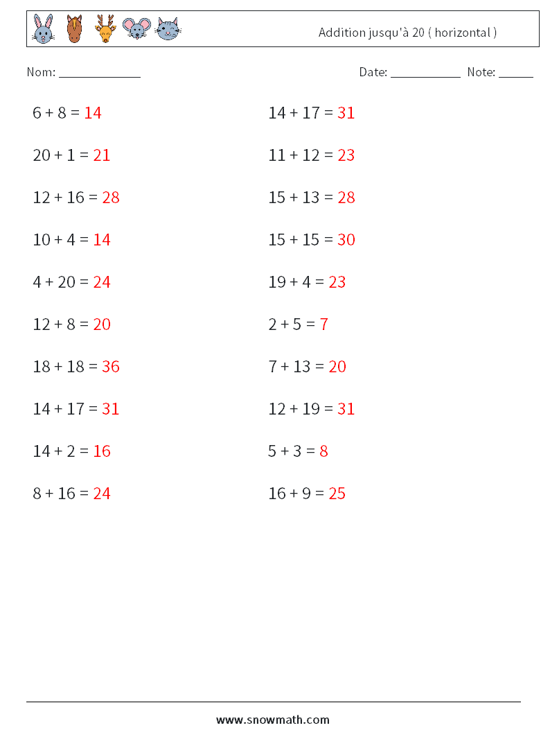 (20) Addition jusqu'à 20 ( horizontal ) Fiches d'Exercices de Mathématiques 8 Question, Réponse