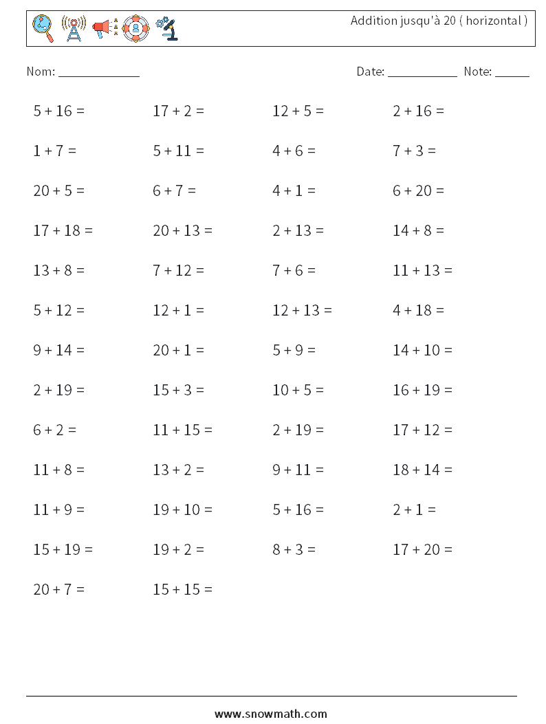 (50) Addition jusqu'à 20 ( horizontal ) Fiches d'Exercices de Mathématiques 1