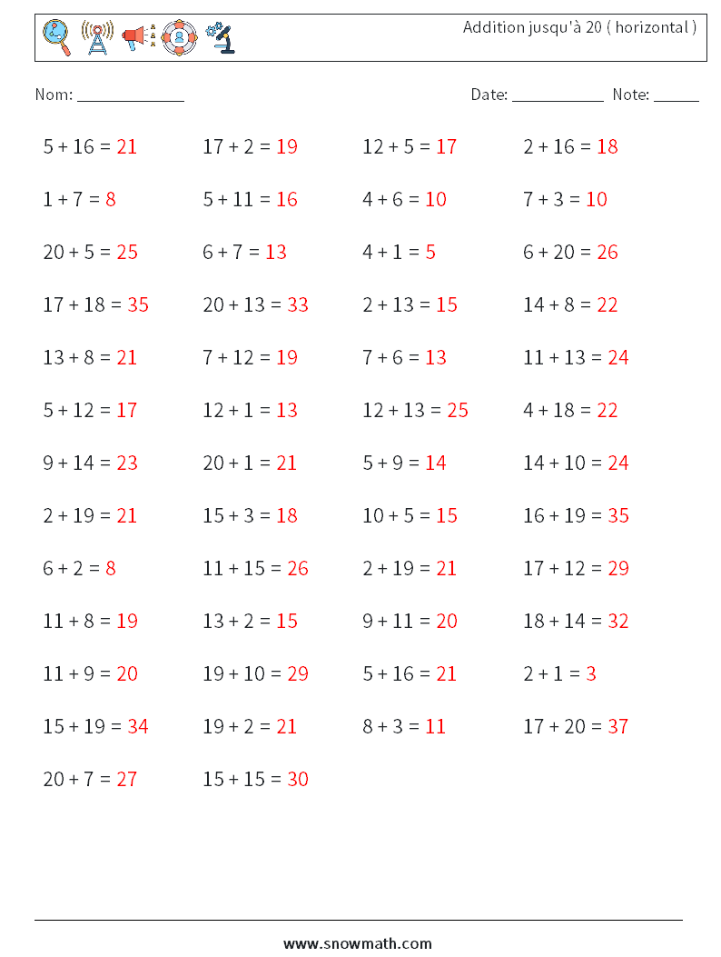 (50) Addition jusqu'à 20 ( horizontal ) Fiches d'Exercices de Mathématiques 1 Question, Réponse