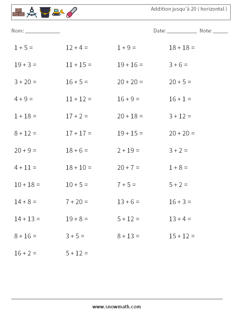(50) Addition jusqu'à 20 ( horizontal ) Fiches d'Exercices de Mathématiques 2