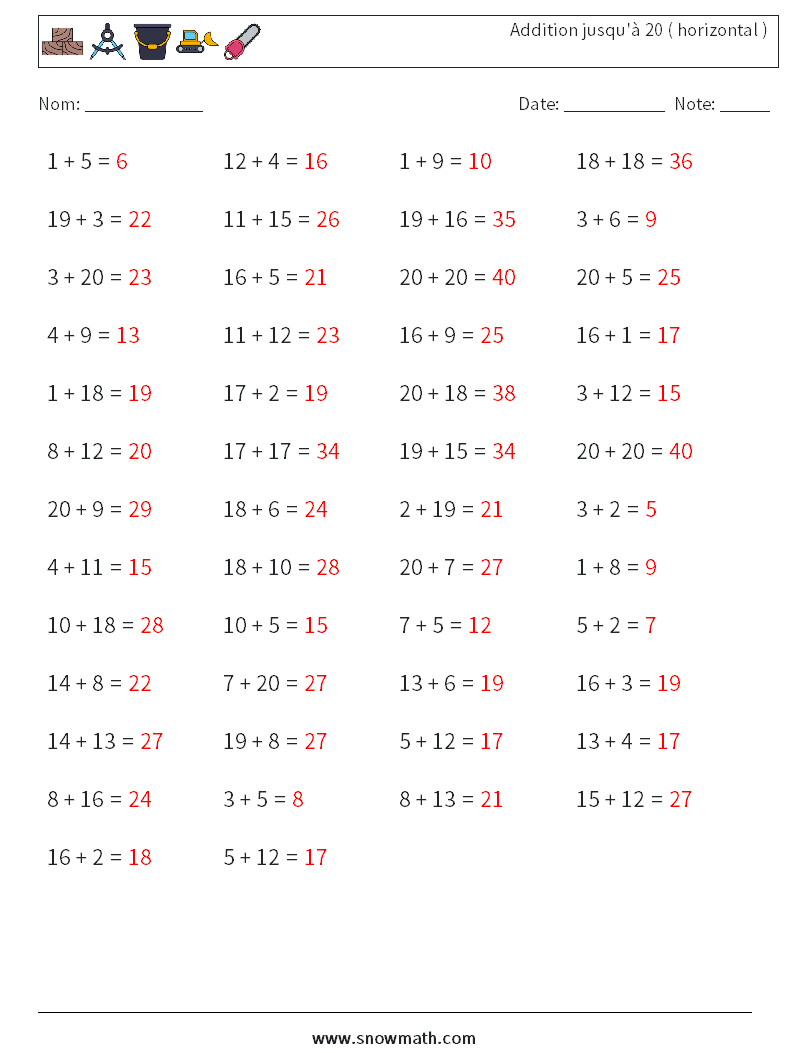 (50) Addition jusqu'à 20 ( horizontal ) Fiches d'Exercices de Mathématiques 2 Question, Réponse