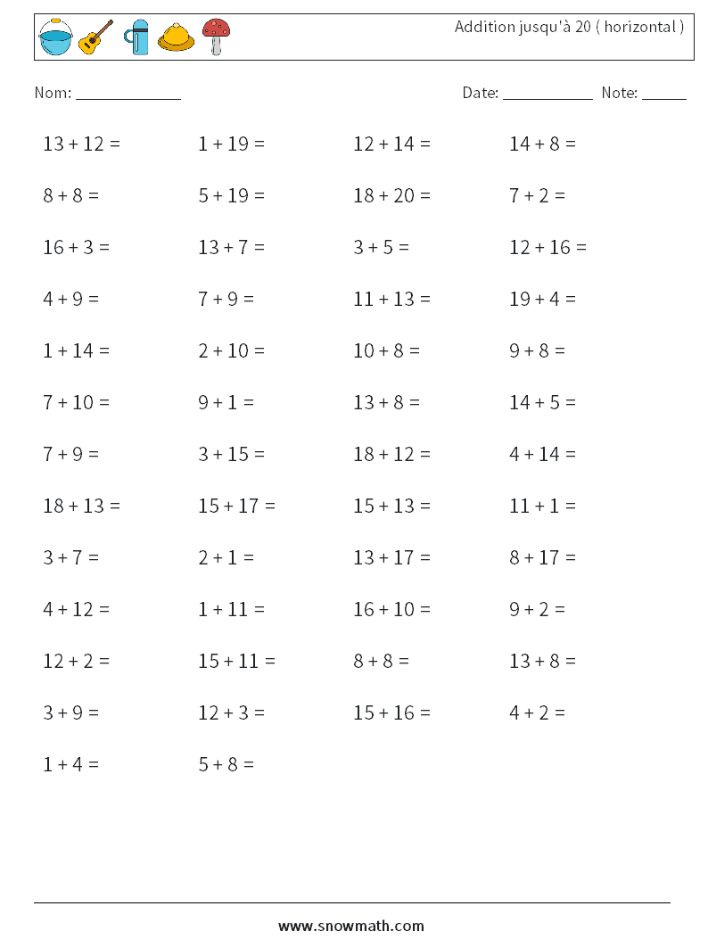 (50) Addition jusqu'à 20 ( horizontal ) Fiches d'Exercices de Mathématiques 3