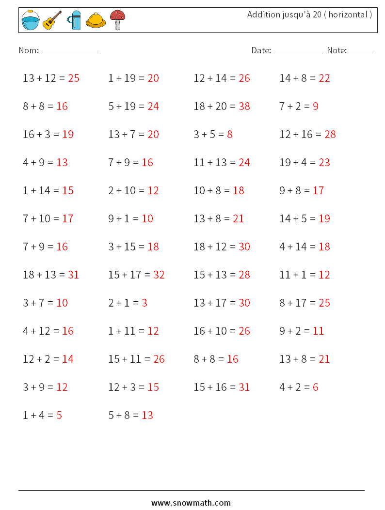 (50) Addition jusqu'à 20 ( horizontal ) Fiches d'Exercices de Mathématiques 3 Question, Réponse