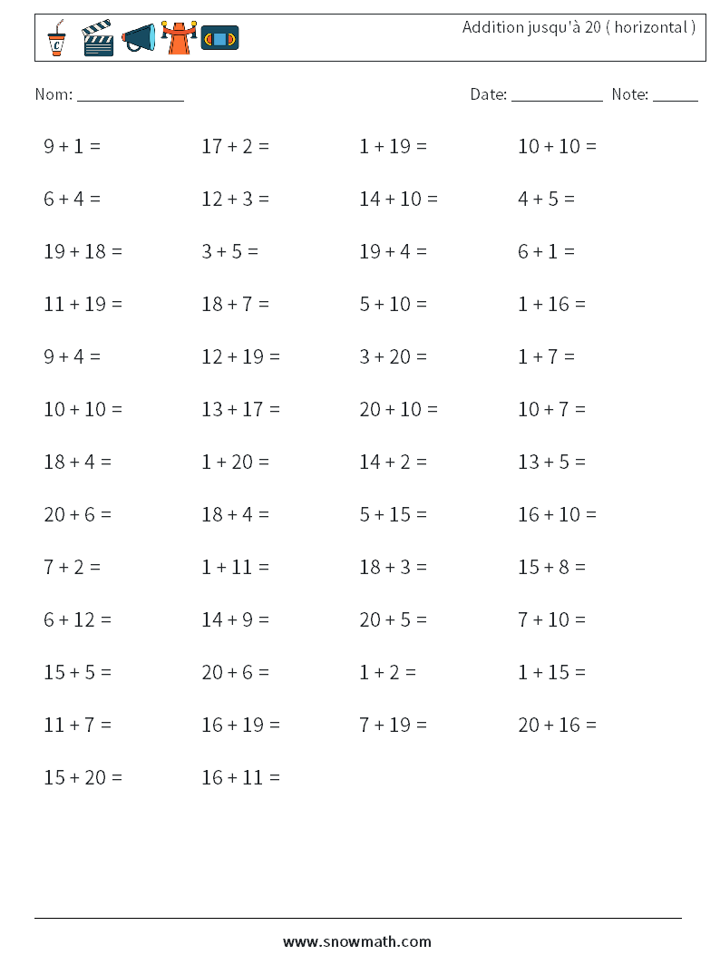 (50) Addition jusqu'à 20 ( horizontal ) Fiches d'Exercices de Mathématiques 4