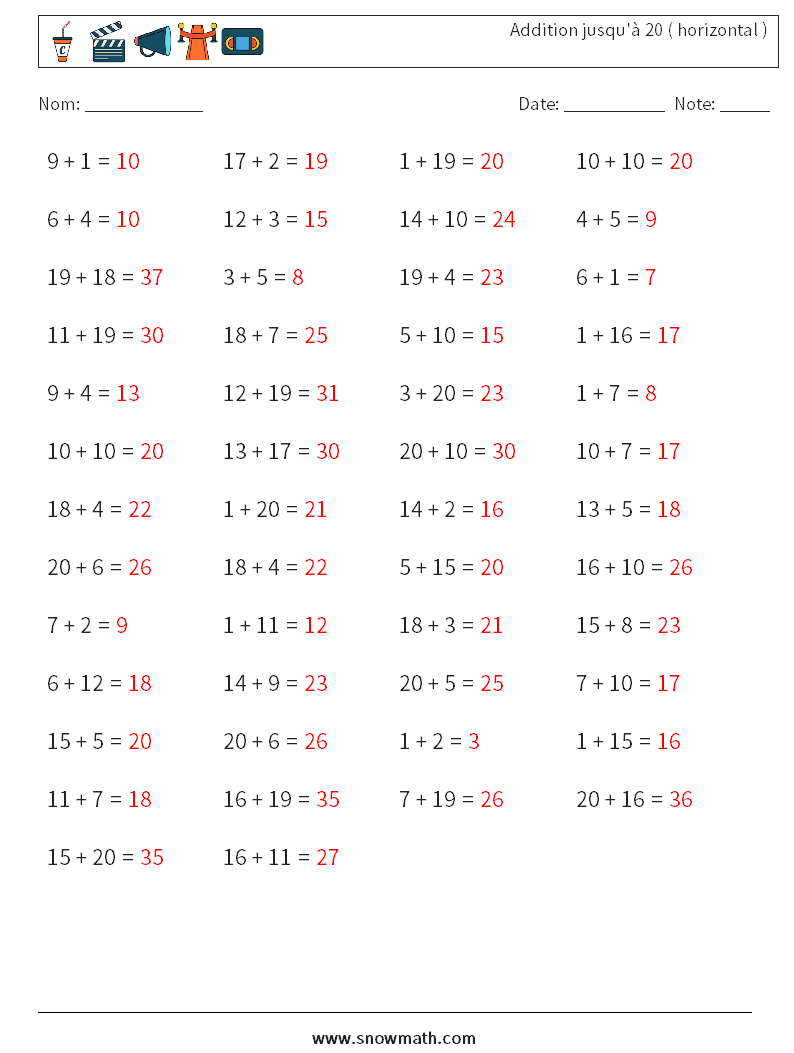 (50) Addition jusqu'à 20 ( horizontal ) Fiches d'Exercices de Mathématiques 4 Question, Réponse