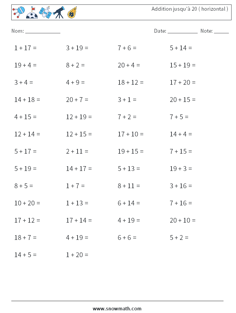 (50) Addition jusqu'à 20 ( horizontal ) Fiches d'Exercices de Mathématiques 5