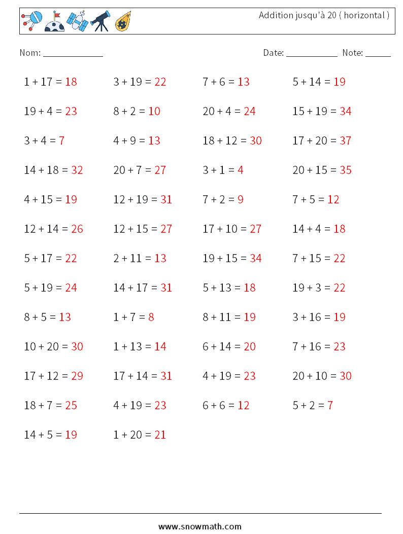 (50) Addition jusqu'à 20 ( horizontal ) Fiches d'Exercices de Mathématiques 5 Question, Réponse