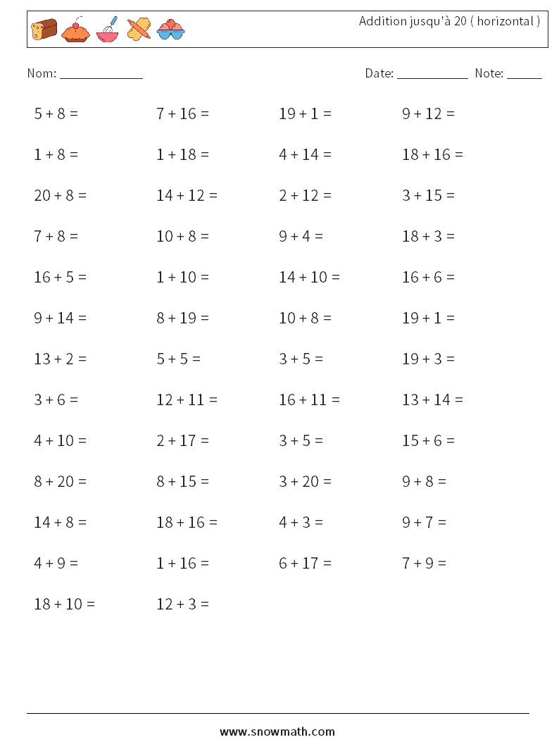 (50) Addition jusqu'à 20 ( horizontal ) Fiches d'Exercices de Mathématiques 6