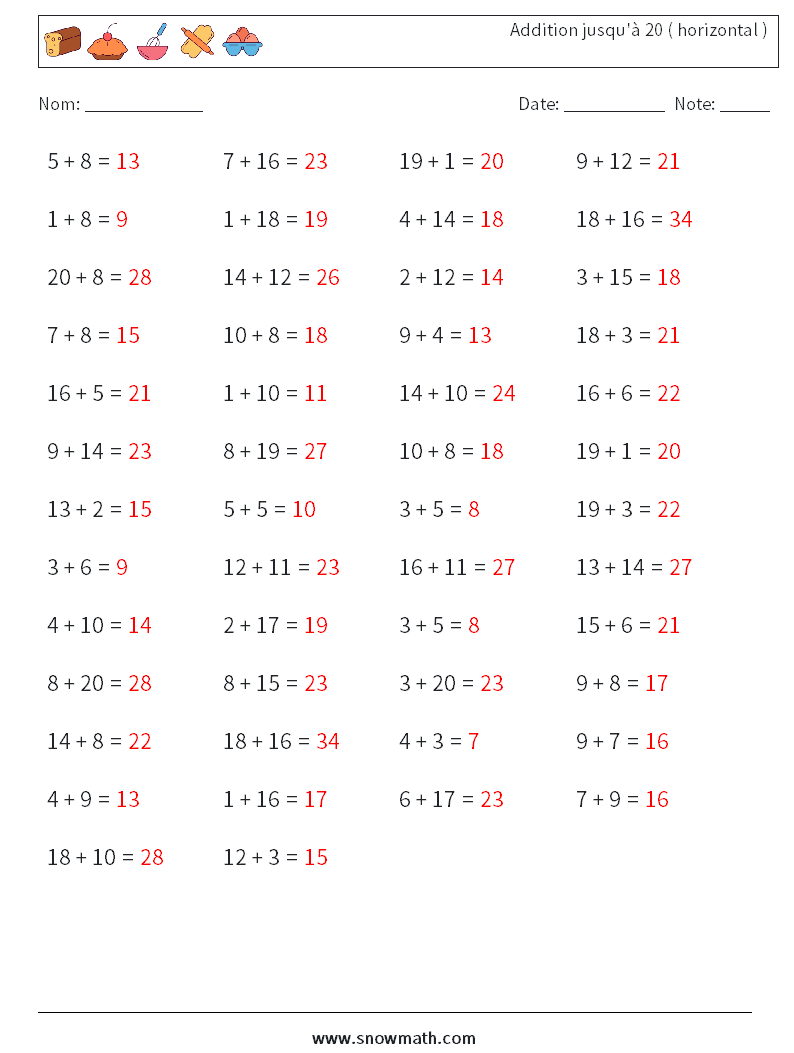 (50) Addition jusqu'à 20 ( horizontal ) Fiches d'Exercices de Mathématiques 6 Question, Réponse