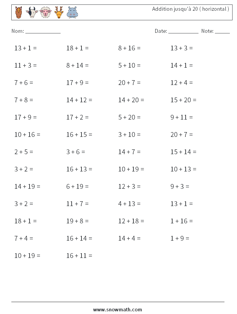 (50) Addition jusqu'à 20 ( horizontal ) Fiches d'Exercices de Mathématiques 7