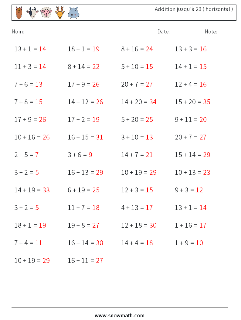 (50) Addition jusqu'à 20 ( horizontal ) Fiches d'Exercices de Mathématiques 7 Question, Réponse