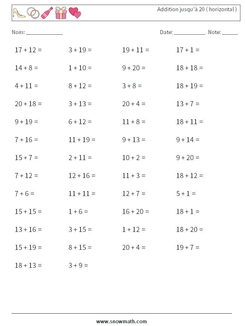 (50) Addition jusqu'à 20 ( horizontal ) Fiches d'Exercices de Mathématiques 8