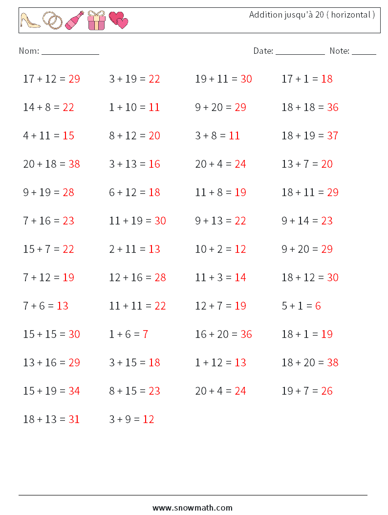 (50) Addition jusqu'à 20 ( horizontal ) Fiches d'Exercices de Mathématiques 8 Question, Réponse