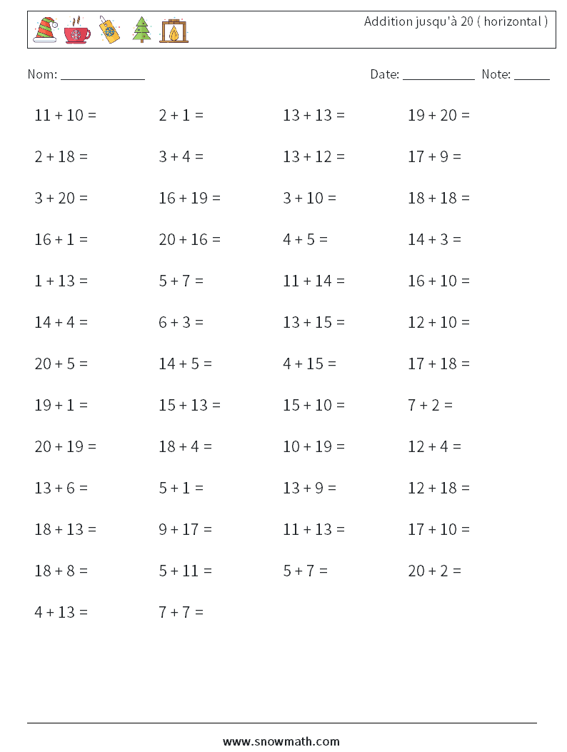 (50) Addition jusqu'à 20 ( horizontal ) Fiches d'Exercices de Mathématiques 9