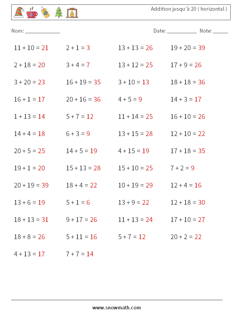 (50) Addition jusqu'à 20 ( horizontal ) Fiches d'Exercices de Mathématiques 9 Question, Réponse