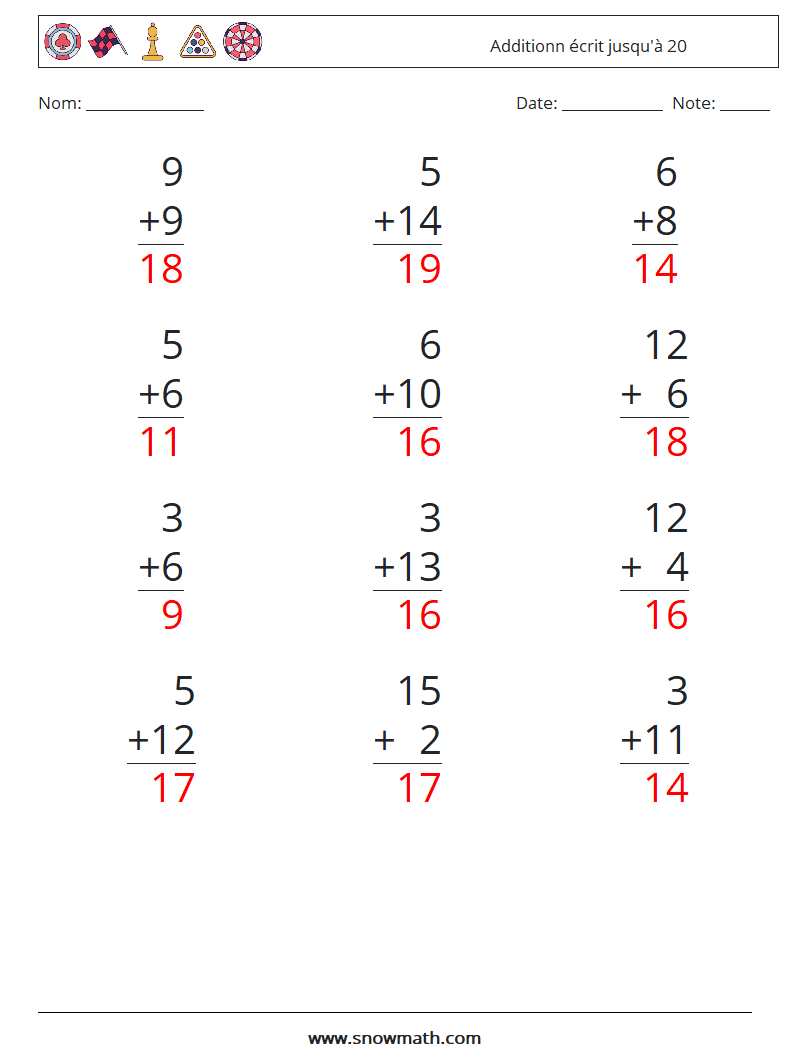 (12) Additionn écrit jusqu'à 20 Fiches d'Exercices de Mathématiques 10 Question, Réponse