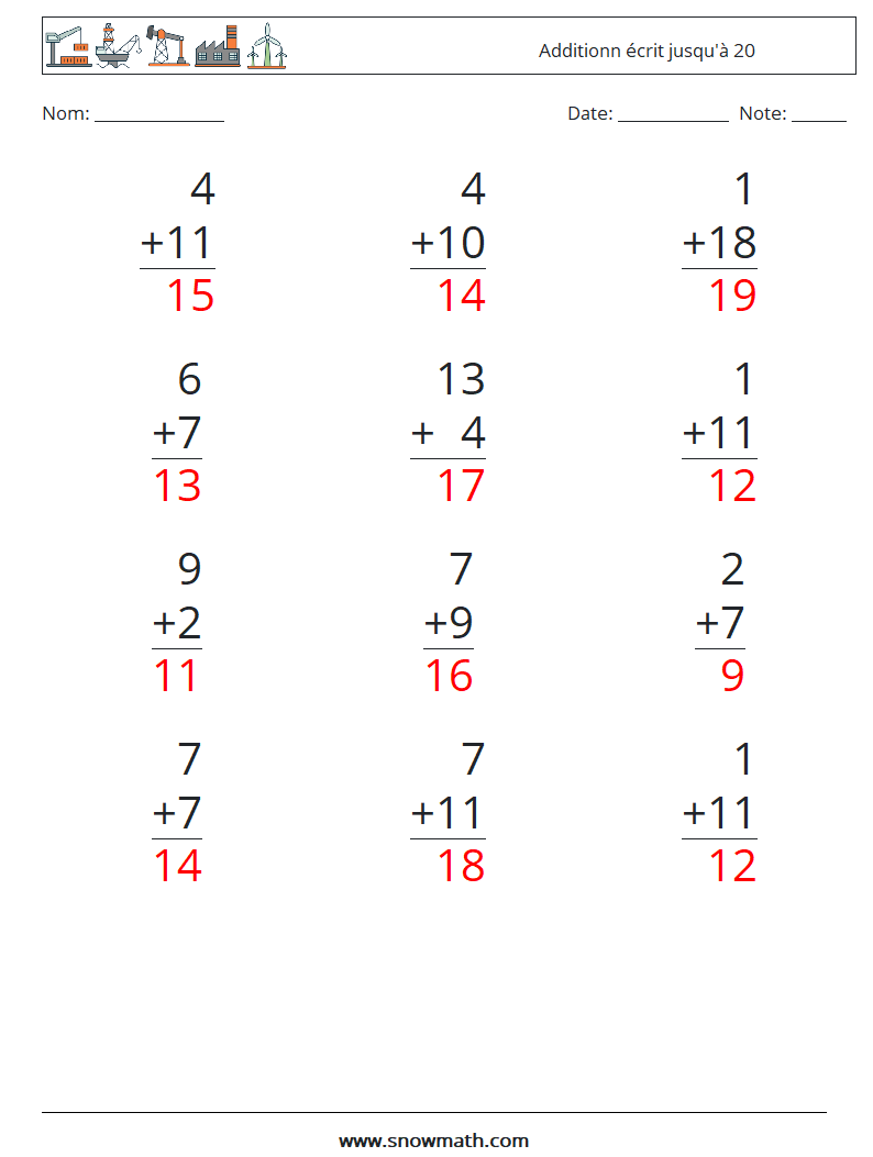 (12) Additionn écrit jusqu'à 20 Fiches d'Exercices de Mathématiques 12 Question, Réponse