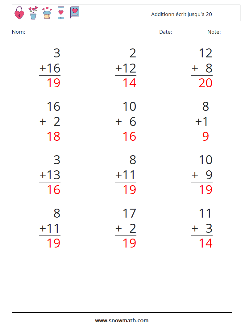 (12) Additionn écrit jusqu'à 20 Fiches d'Exercices de Mathématiques 13 Question, Réponse