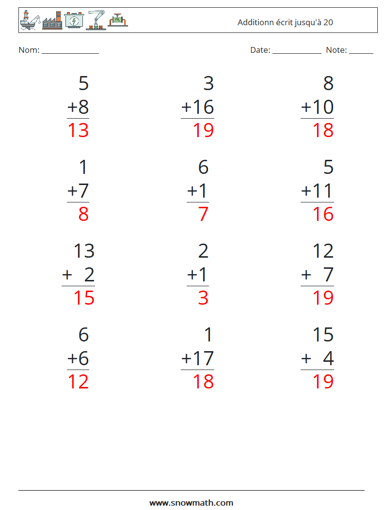 (12) Additionn écrit jusqu'à 20 Fiches d'Exercices de Mathématiques 15 Question, Réponse