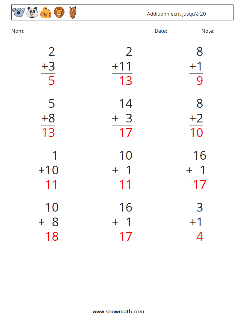 (12) Additionn écrit jusqu'à 20 Fiches d'Exercices de Mathématiques 16 Question, Réponse