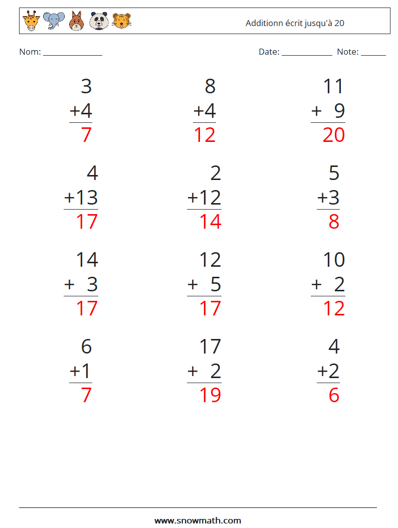 (12) Additionn écrit jusqu'à 20 Fiches d'Exercices de Mathématiques 17 Question, Réponse