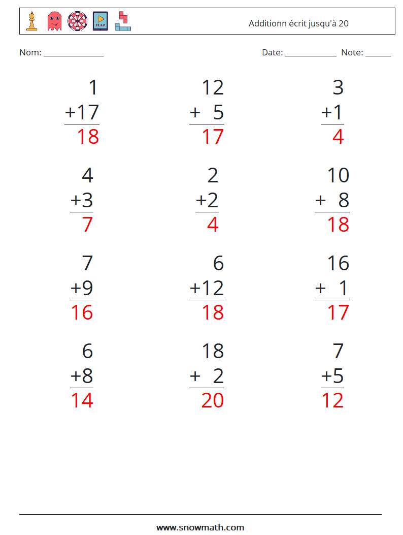 (12) Additionn écrit jusqu'à 20 Fiches d'Exercices de Mathématiques 6 Question, Réponse